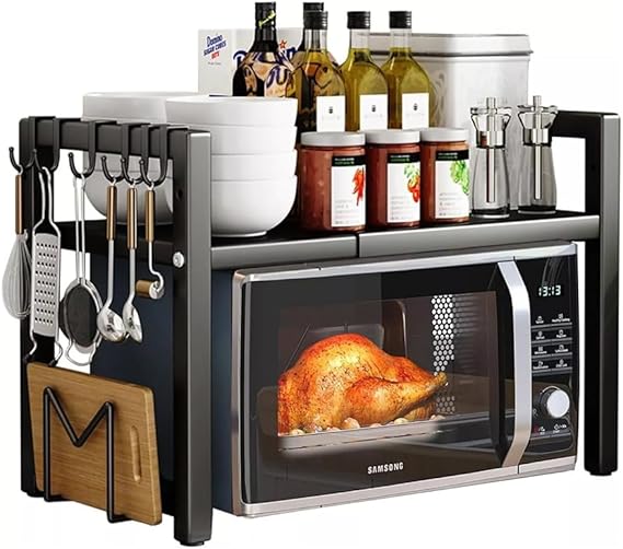 "Rainbow Tree 2-Tier Expandable Microwave Oven Rack & Kitchen Organizer with Hooks"