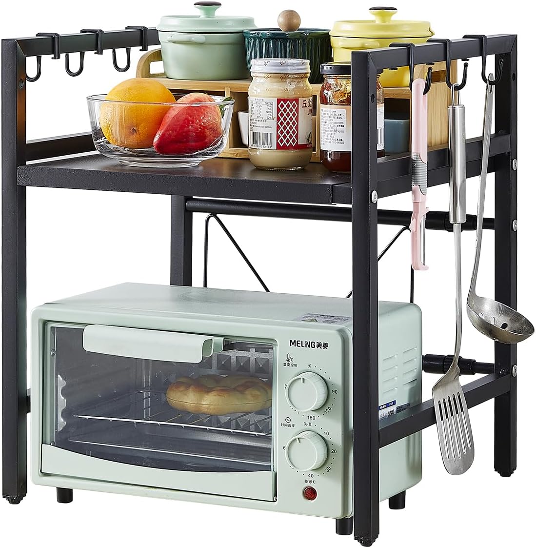 "Rainbow Tree 2-Tier Expandable Microwave Oven Rack & Kitchen Organizer with Hooks"