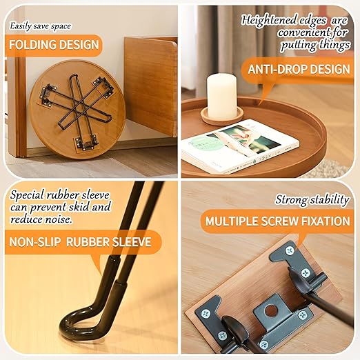 HYNAWIN Foldable Tray Table,Round Side Table with Metal Legs,Bamboo Portable Coffee Table for Living Room, Patio, Office,Camping