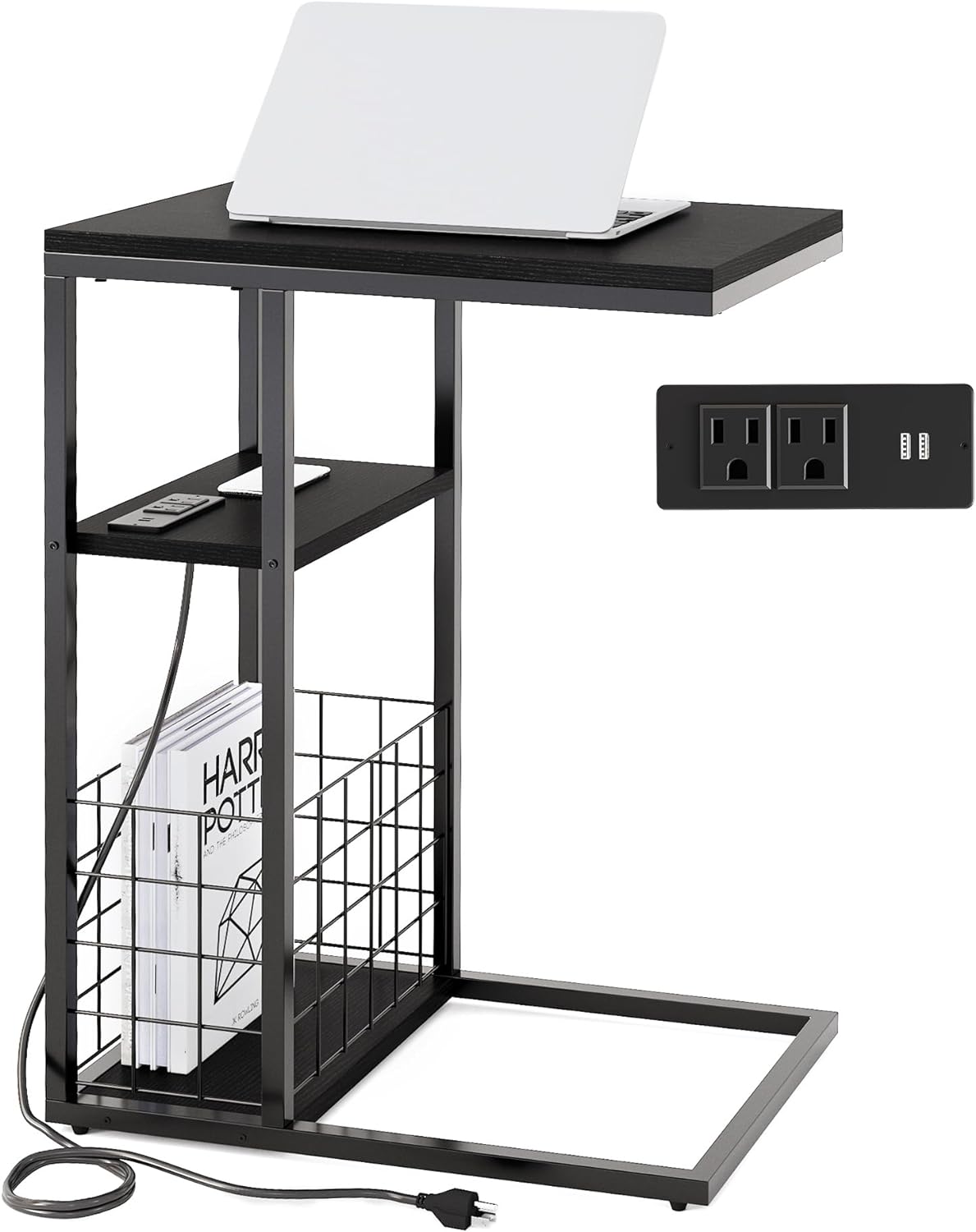 C-Shaped Table, Middle Shelf, Bottom Basket, Couch Table, Snack Table, Bedside Table, Built in Power Outlet with 2 Standard Plugs