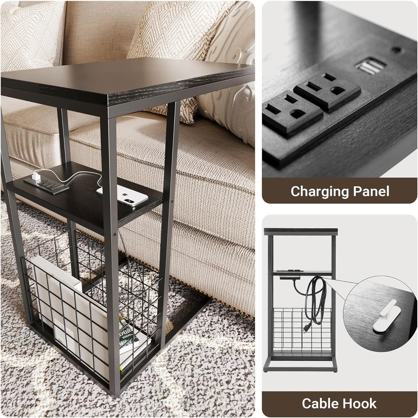 C-Shaped Table, Middle Shelf, Bottom Basket, Couch Table, Snack Table, Bedside Table, Built in Power Outlet with 2 Standard Plugs