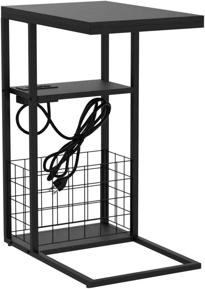 C-Shaped Table, Middle Shelf, Bottom Basket, Couch Table, Snack Table, Bedside Table, Built in Power Outlet with 2 Standard Plugs