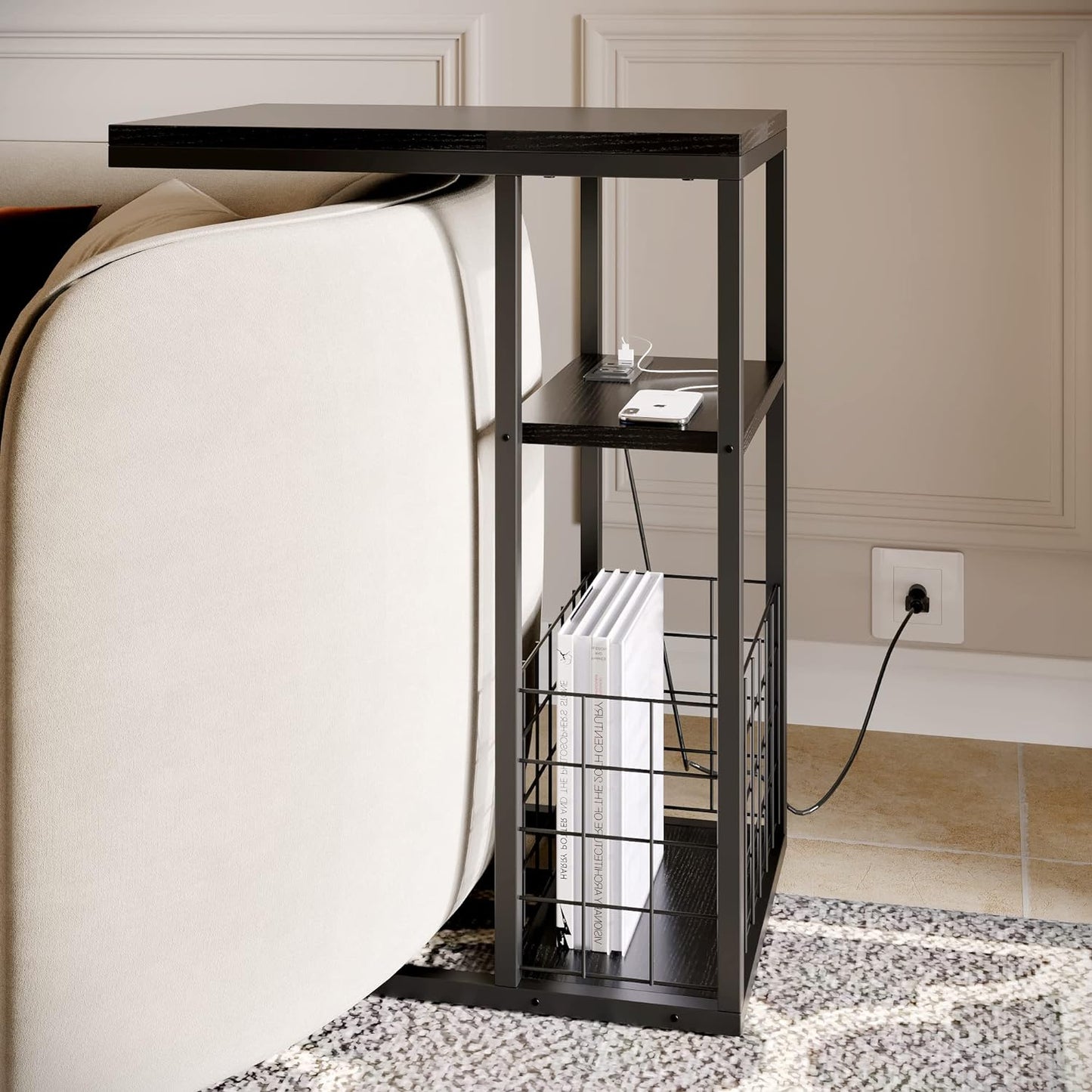 C-Shaped Table, Middle Shelf, Bottom Basket, Couch Table, Snack Table, Bedside Table, Built in Power Outlet with 2 Standard Plugs