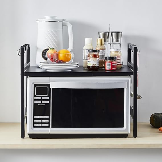 "Rainbow Tree 2-Tier Expandable Microwave Oven Rack & Kitchen Organizer with Hooks"