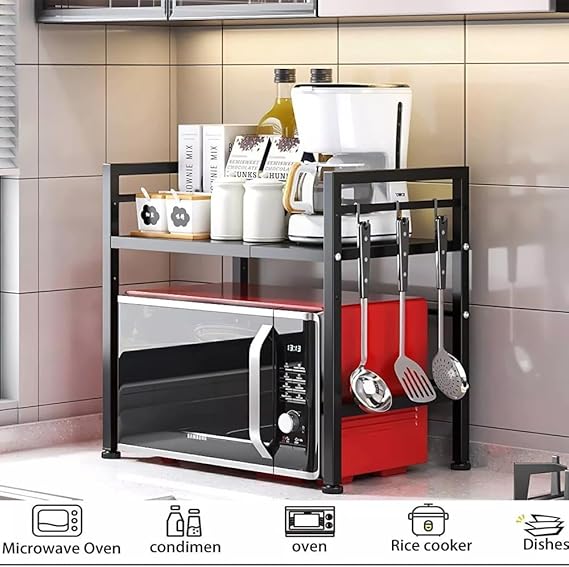 "Rainbow Tree 2-Tier Expandable Microwave Oven Rack & Kitchen Organizer with Hooks"