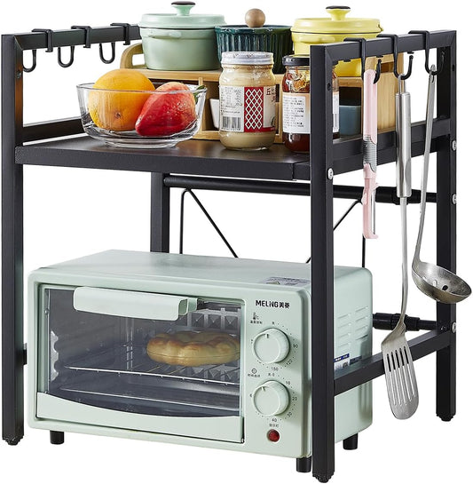 "Rainbow Tree 2-Tier Expandable Microwave Oven Rack & Kitchen Organizer with Hooks"