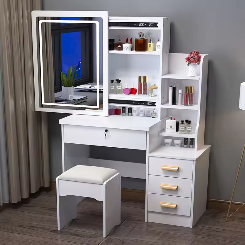 Modern White Vanity Table with Mirror, Drawers, and Stool