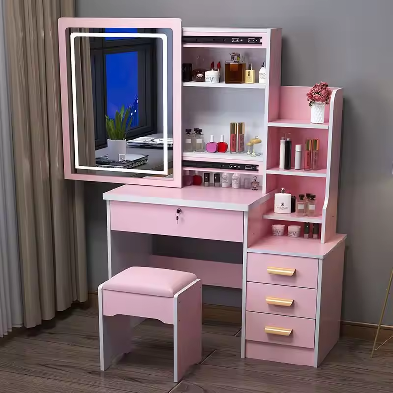 Modern White Vanity Table with Mirror, Drawers, and Stool