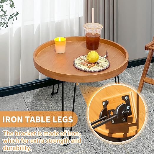 HYNAWIN Foldable Tray Table，Round Side Table with Metal Legs,Bamboo Portable Coffee Table for Living Room, Patio, Office,Camping