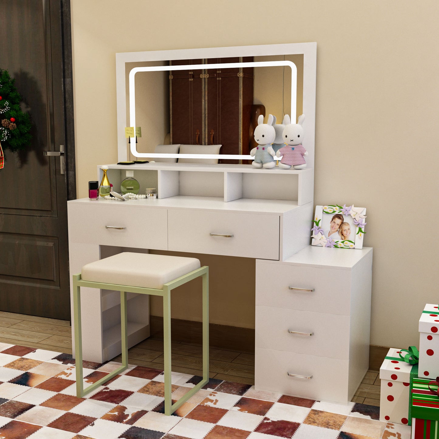 Wall-mounted makeup vanity with mirror and lights, luxury modern style, perfect for the bedroom.