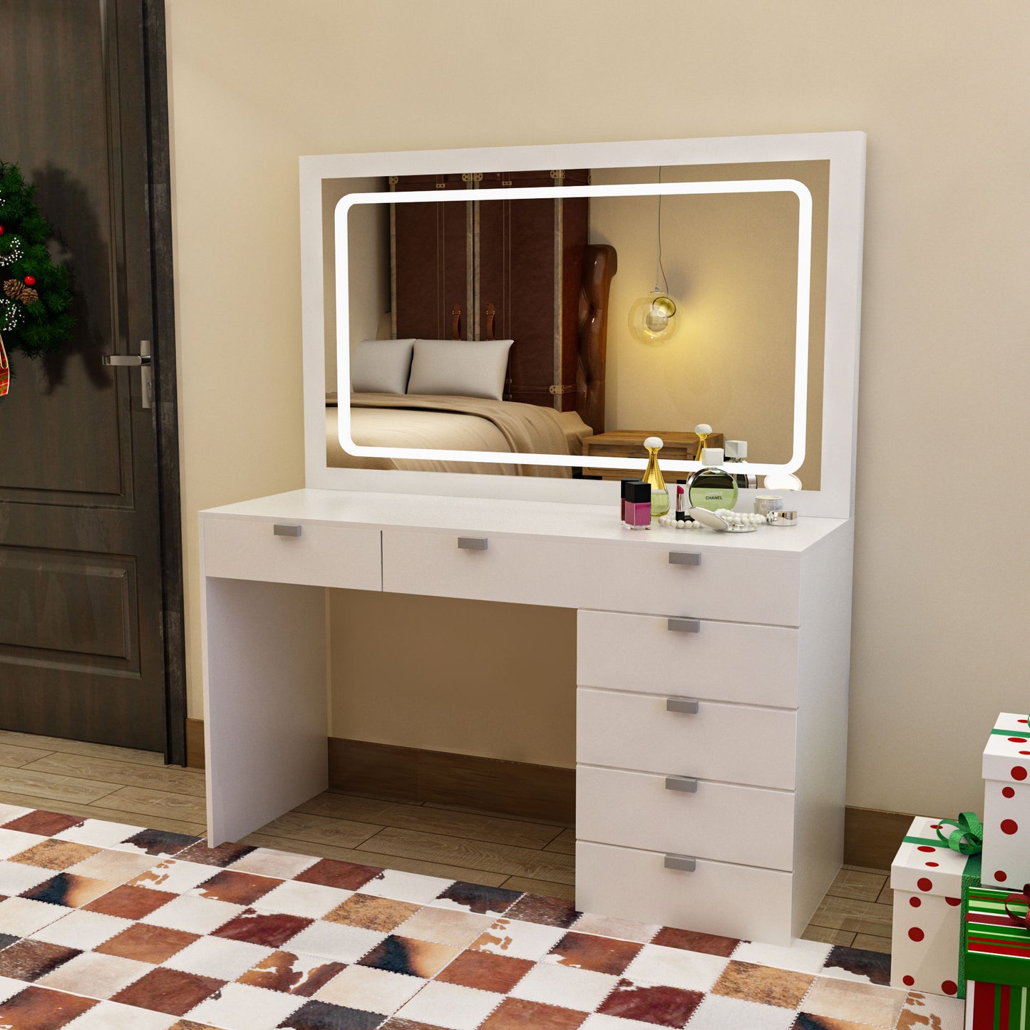 Wall-mounted makeup vanity with mirror and lights, luxury modern style, perfect for the bedroom.