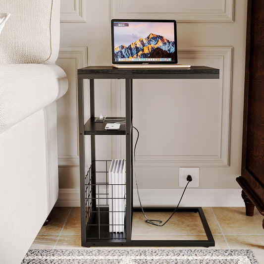 C-Shaped Table, Middle Shelf, Bottom Basket, Couch Table, Snack Table, Bedside Table, Built in Power Outlet with 2 Standard Plugs