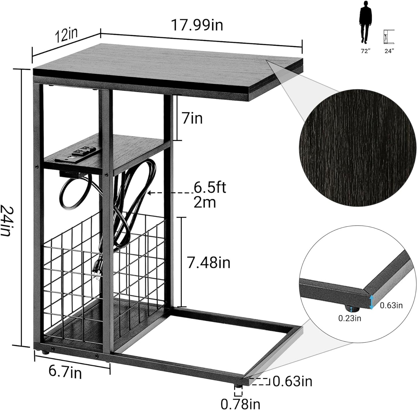 C-Shaped Table, Middle Shelf, Bottom Basket, Couch Table, Snack Table, Bedside Table, Built in Power Outlet with 2 Standard Plugs