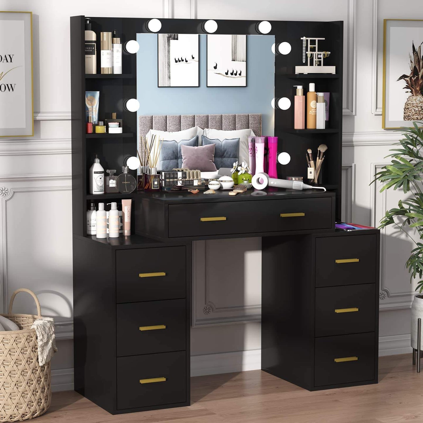 Wall-mounted makeup vanity with mirror and lights, luxury modern style, perfect for the bedroom.